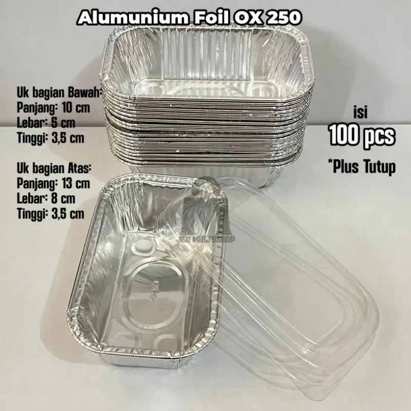 100pcs Kotak Aluminium Foil + Tutup 111x83x36mm - Loyang Sekali Pakai 120ml, Tahan Panas & Kedap Udara, untuk Panggang / Take Away / Kemasan