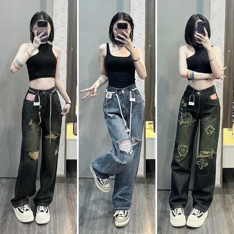 Quần jean rách MELINA quần bò nữ ống suông cạp cao rách gối màu xanh đen ánh rêu size S M L SPG5 quan jean ong rong