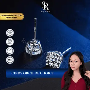 Roystone_Moissanite Anting Wanita Original Sertifikat GRA Silver925 Lapis Emas18K_Simple Stud Earring 0,2 - 2CT