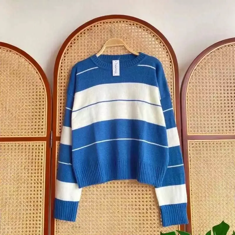 Meira Sweater Rajut Wanita Blouse Knited Motif Garis Garis Korean Style Lengan Panjang 0