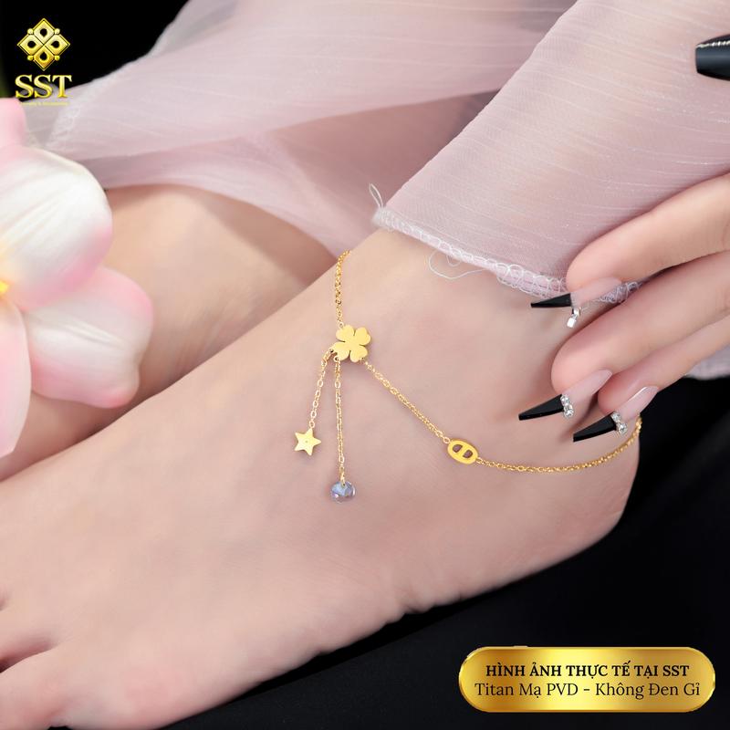 Lắc chân nữ Titan SST cỏ 4 lá charm ngôi sao tòn ten Đính Đá phong cách Hàn Quốc LC58