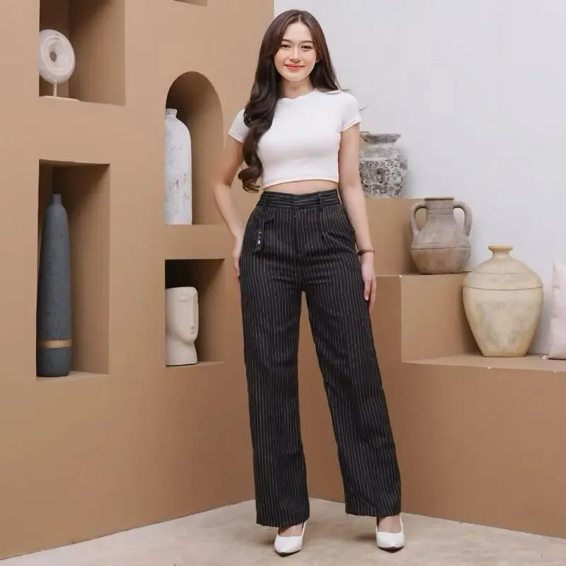 ORO PANTS STRIPE SALUR CELANA PANJANG WANITA SEMIWOLL PREMIUM Kain Karet Motif Garis Twill Casual