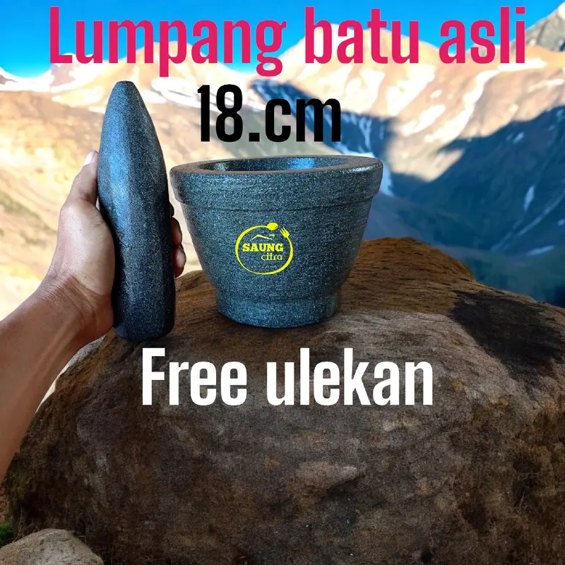 lumpang bubut batu asli 18.cm satu set lengkap cobek batu asli gunung 8