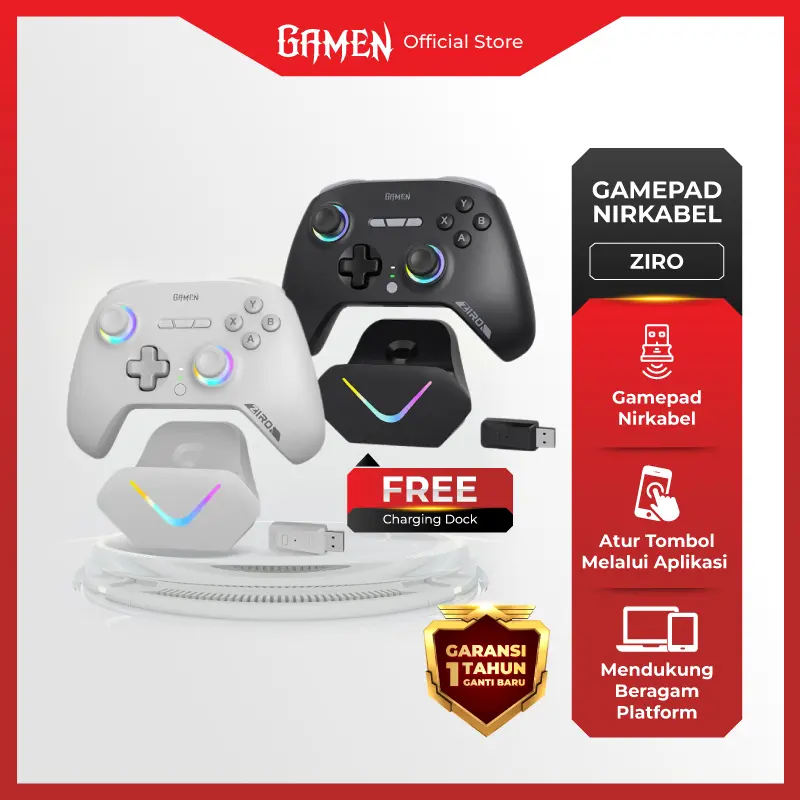 GAMEN Ziro Gamepad  Controller 3 Mode Koneksi RGB Light Dengan Joystick Hall Effect & Tombol ABX, 800mAh Baterai Dan 1000Hz Polling Rate - Garansi 1 Tahun