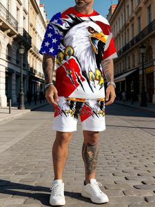 メンズのおしゃれなカジュアルスポーツウェアセット：プリントクルーネックTシャツと巾着型ショートパンツのセット。 快適で、多用途で、アウトドア活動に適しています。