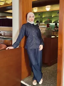 MORU KEIN SORA ONE SET Atasan Denim Wanita Kemeja Cewek Fit Body Celana Panjang Culotte Jeans Busana Modern & Feminin