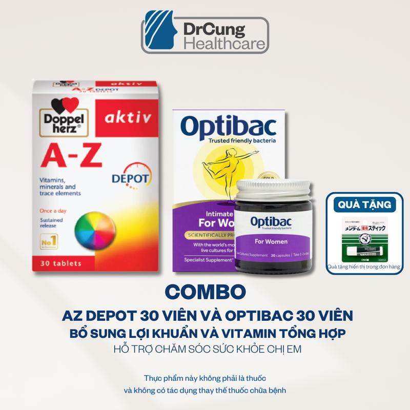  TPBVSK Combo 2 sản phẩm Optibac For Women Lọ 30 viên và Doppelherz AZ Depot Hộp 30 viên Bổ sung lợi khuẩn và Vitamin dành cho người lớn TẶNG 1 SON DƯỠNG MÔI OMI 