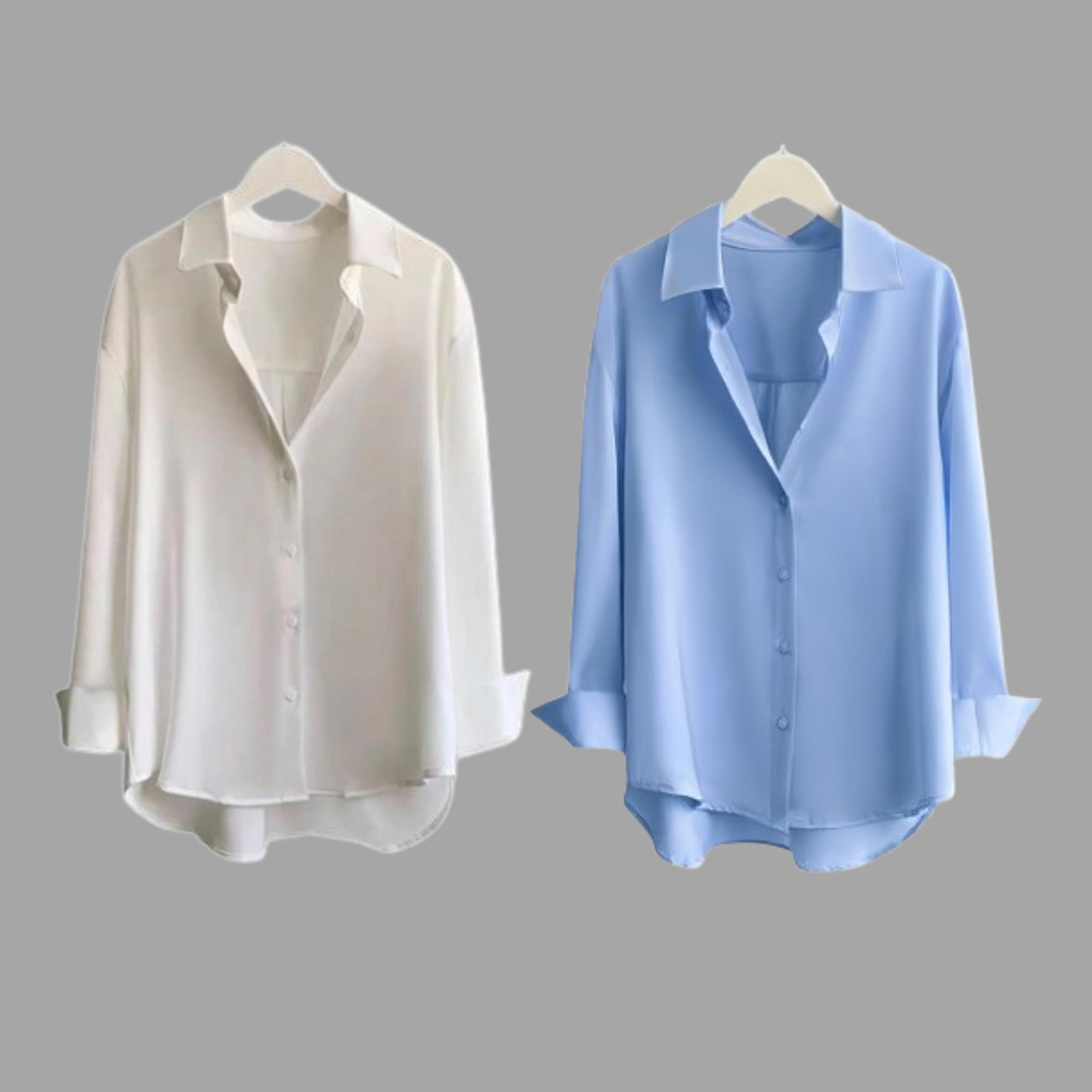 Paket 2 Pcs Kemeja Wanita Polos Lengan Panjang Casual Slim-Fit Atasan Blouse Wanita Baju  Kerja Kantor Cewek Dewasa  Oversize