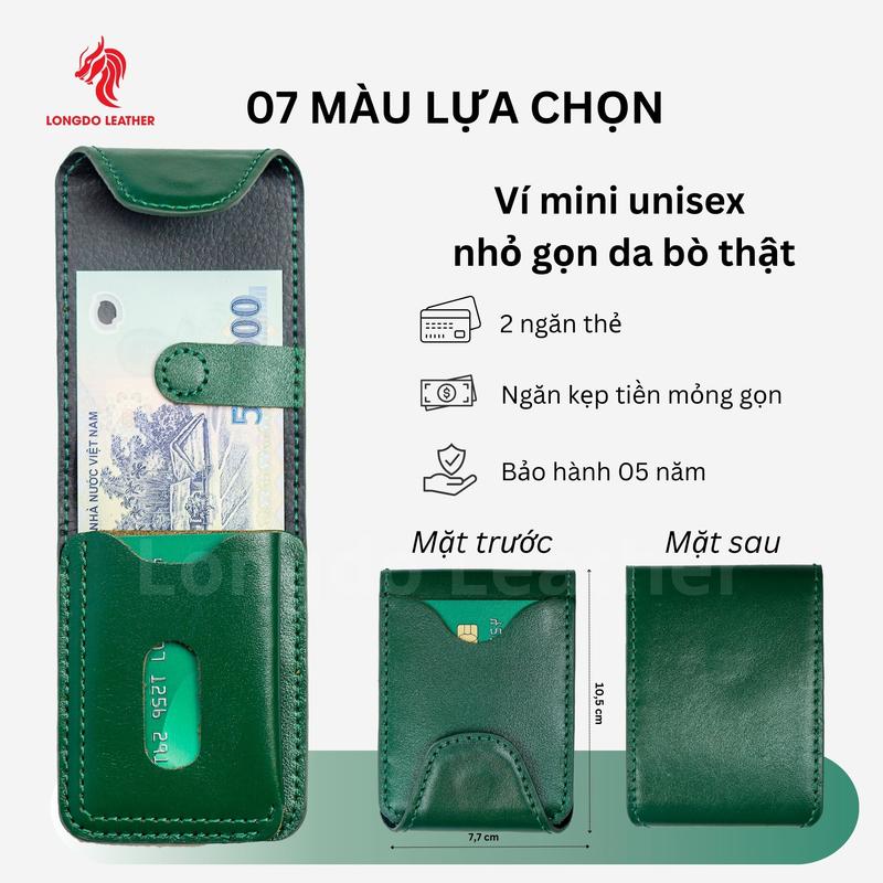 Ví sen 5 màu xanh lá da bò Ví nam mini thương hiệu Longdo Leather Không để được giấy tờ cũ
