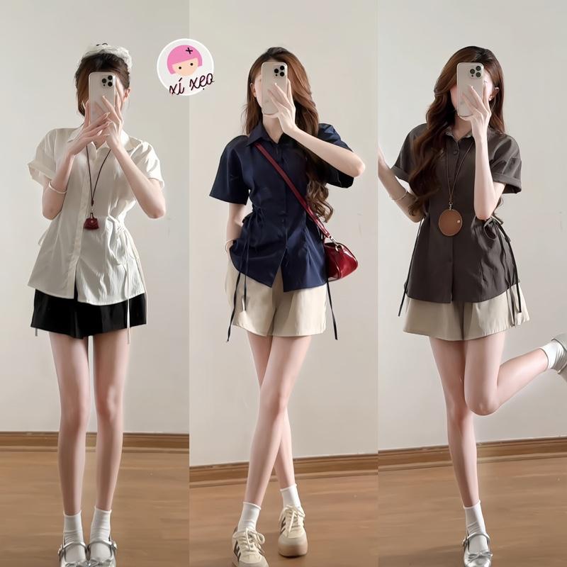 Sét áo cộc tay buộc eo kèm quần sooc kaki xixeoshop - S160 Nữ Kem