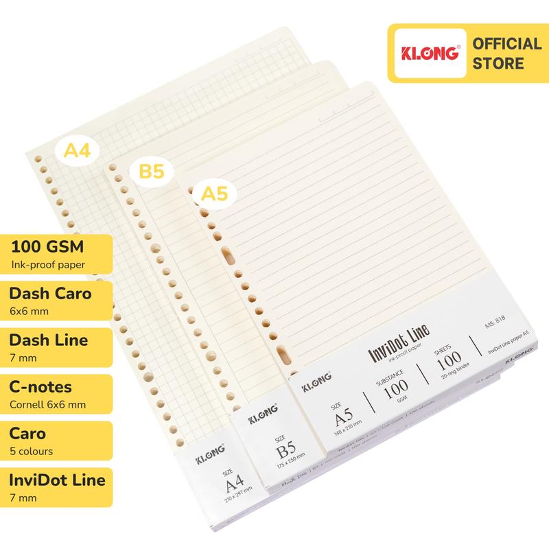  Ruột sổ còng giấy refill KLONG 100GSM Dash Caro Dash Line A5 B5 A4 200 trang 
