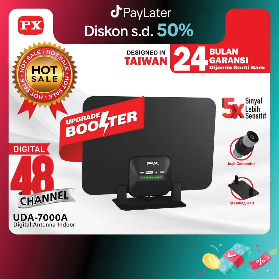 Antena TV Digital DVBT2 Indoor Booster Antenna Analog LED Indikator 4K PX UDA-7000A