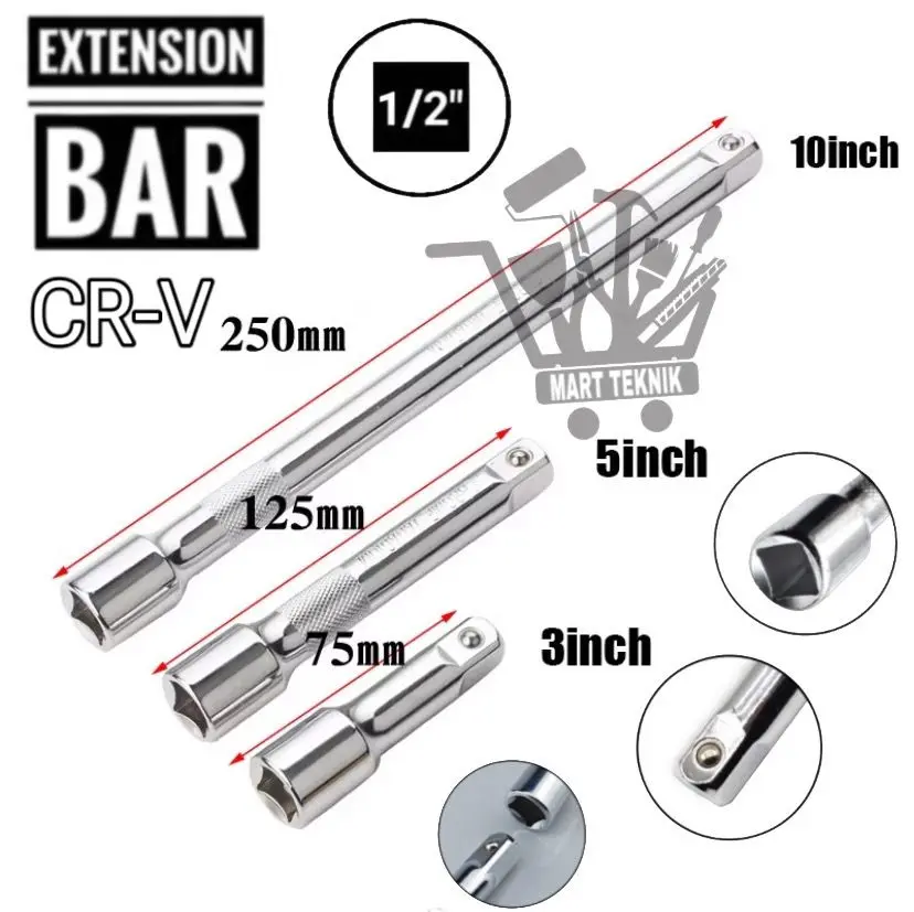 Extension Bar Sambungan Kunci Shock 1/2 Panjang 3 5 10 Inch Gagang Sambungan Kunci Sok Chrome Vanadium