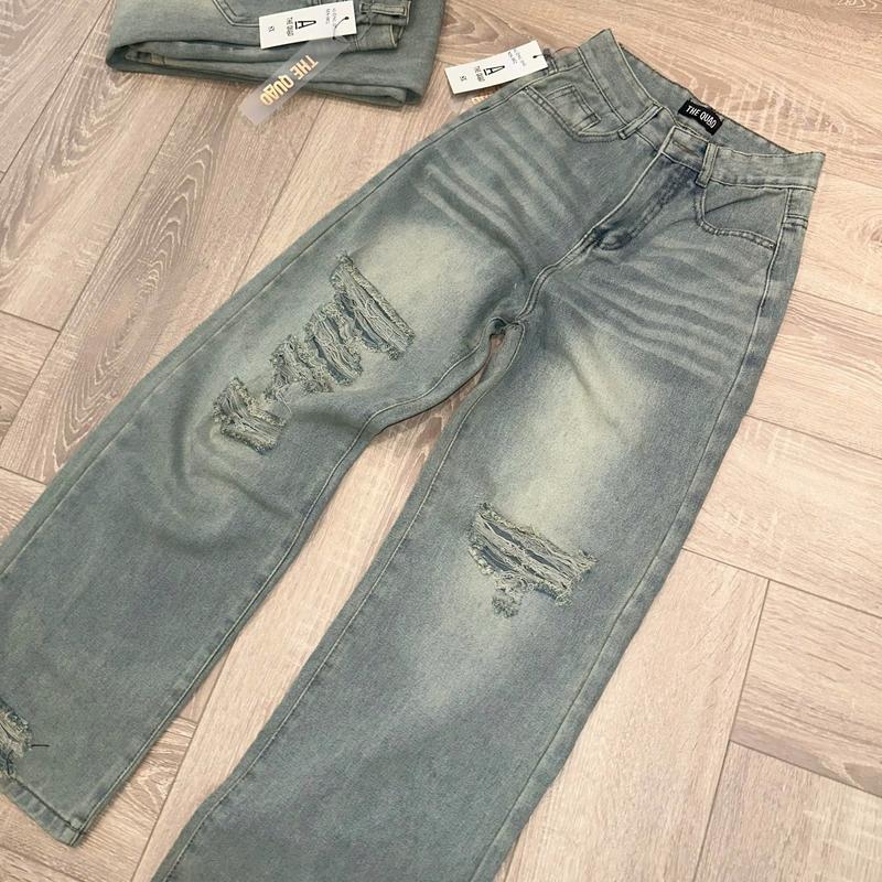THE QUẠO - Quần Jeans Nữ Lưng Cao Ống Suông Rách Gối Xanh NHẠT Phủ Bụi Vàng S2604_638