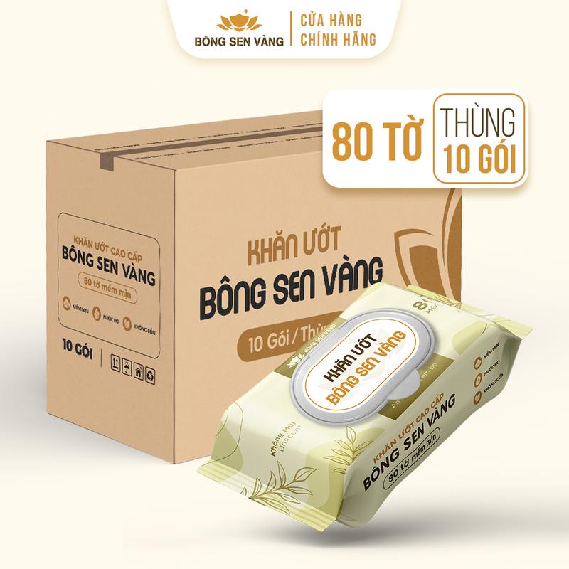 Thùng 10 Gói Khăn ướt Bông Sen Vàng không cồn, kháng khuẩn, đa năng (80 tờ/gói)
