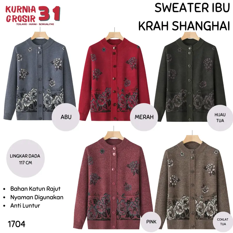 Sweater Ibu Krah Shanghai Krah Daun Motif Bunga / Baju Hangat Wanita / Pakaian Casual Rajut Halus Kancing Kerah Berkualitas 7