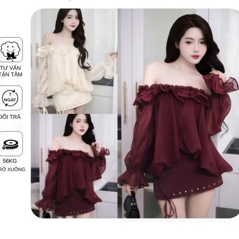 ( có bigsize- loại 1 ) SET ÁO TRỄ VAI TƠ XOÈ PHỐI CHÂN VÁY ÔM BODY CHỮ A ĐỤC LỖ by Tường Vy Shop