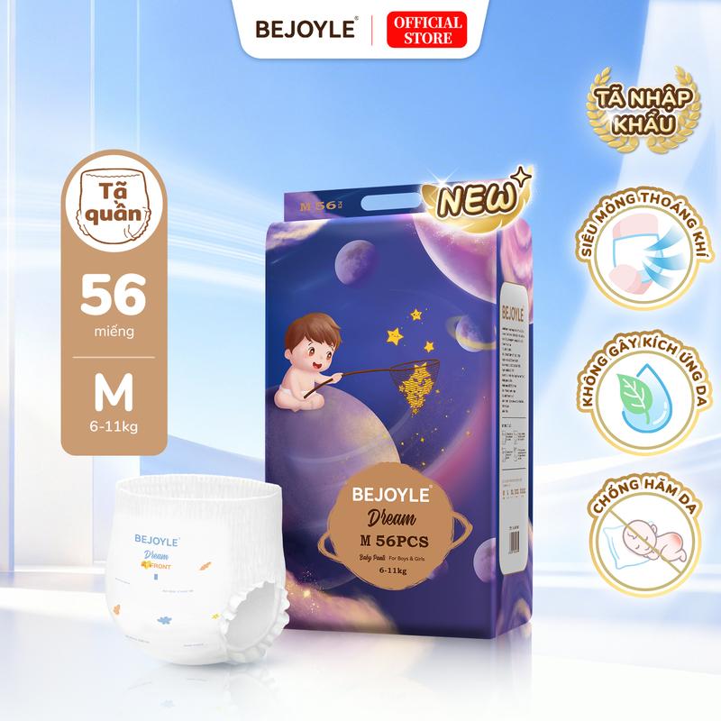 Bejoyle Tã Bỉm dán quần nhập khẩu cao cấp 60 miếng , đầy đủ size S-XXXXL, mỏng nhẹ 2mm, bề mặt ên mịn , giữ khô lâu, độ bền cao, ôm sát không chật, chống rò rỉ hai bên, tã trẻ em chất lượng cao không hăm da tã em bé
