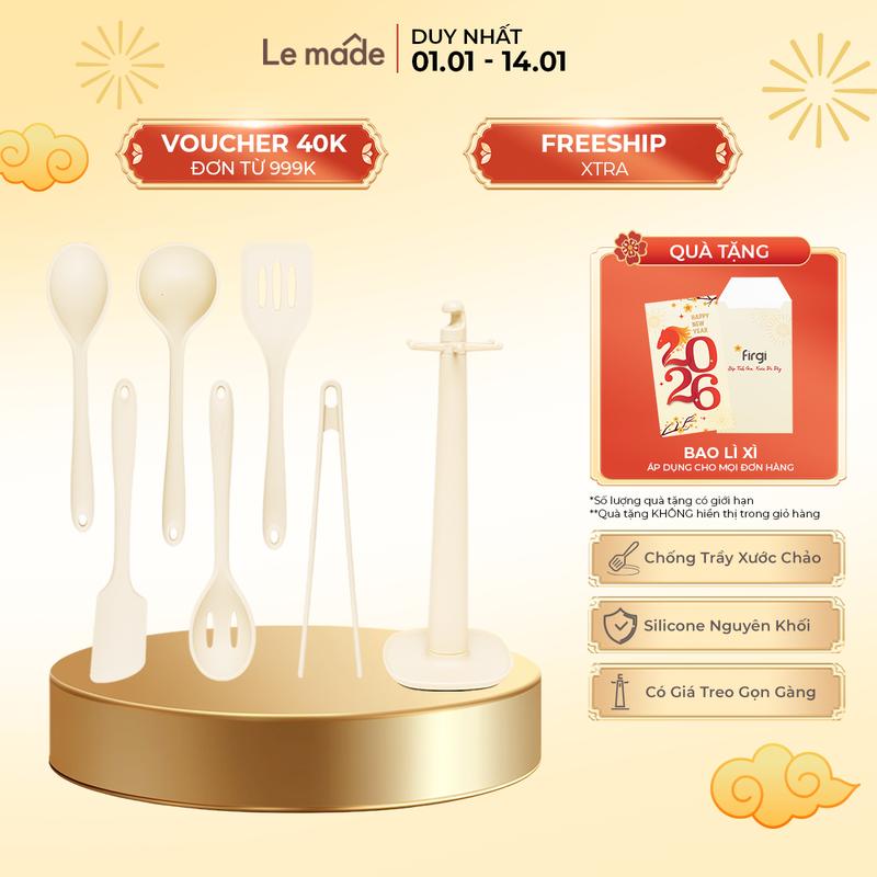 Bộ 6 Dụng Cụ Silicone Nấu Đồ Ăn Dặm Cho Bé Le Made Chịu Nhiệt Cao Kèm Giá Treo Xoay 360 Độ