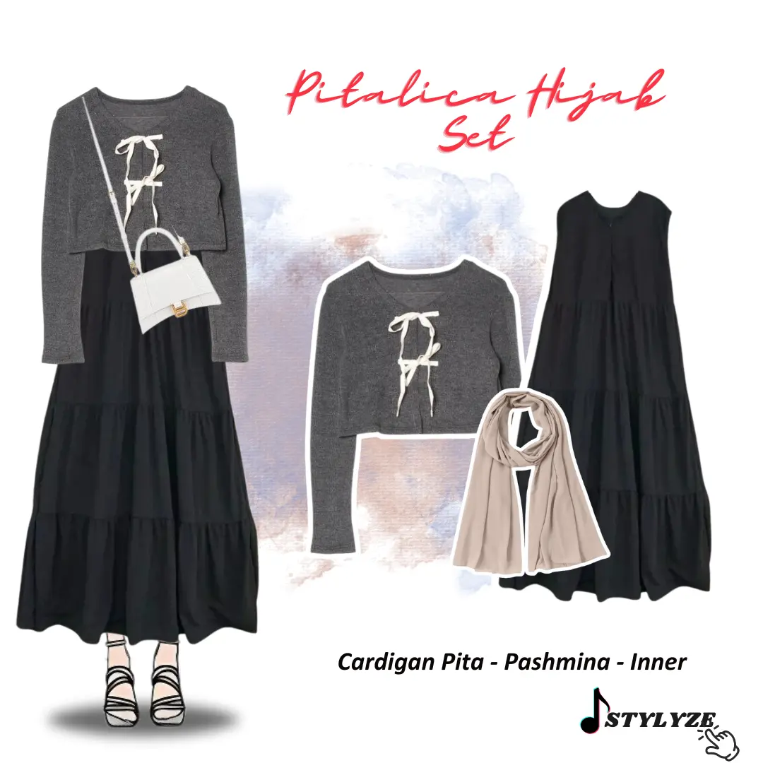 One Set Pitalica Hijab 3in1 Cardigan+Pashmina+Inner Dress Outfit Casual Ala K-pop SZ51 OOtd Import