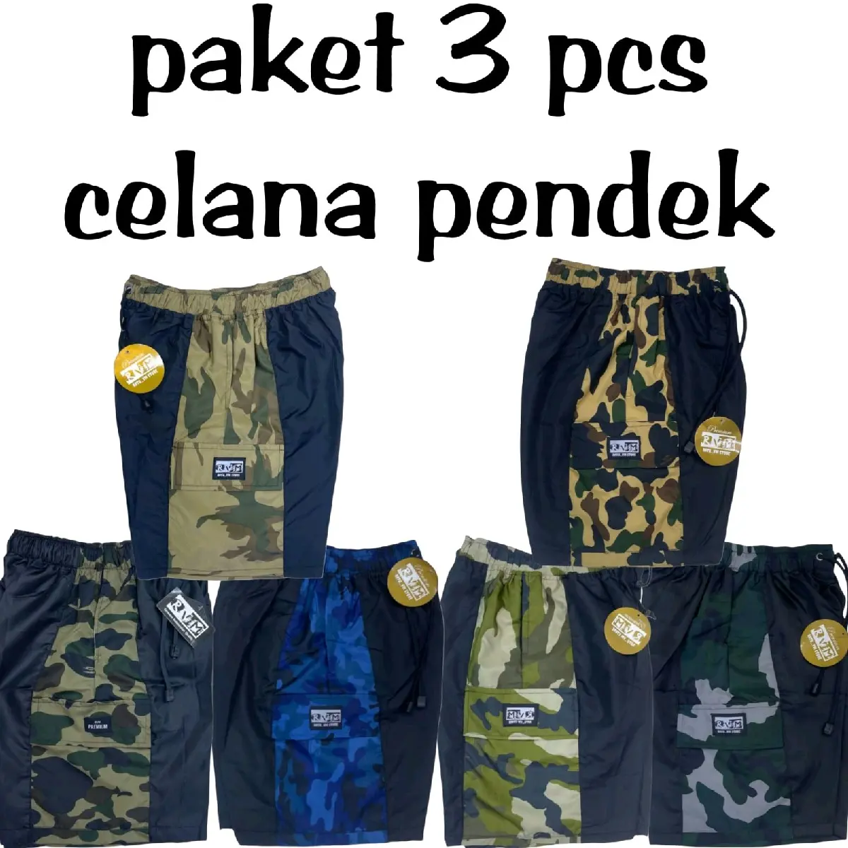 paket 3pcs | Celana pendek pria | short pants | celana cargo loreng parasut | celana dewasa santai | unisex| Surfing Distro Kolor boxer polos