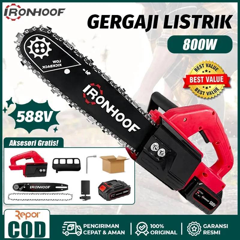 IRONHOOF 16 Inci Gergaji Mesin 588V Gergaji Listrik Chainsaw Cordless Gergaji Baterai Gergaji Kayu