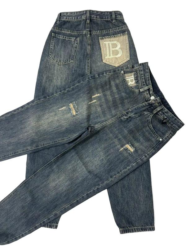 Jeans Thêu IB Quần Jeans Nữ Lưng Cao Dáng Baggy Xanh Đậm Thời Trang Thiết Kế Thêu Chất Liệu Jeans Cao Cấp