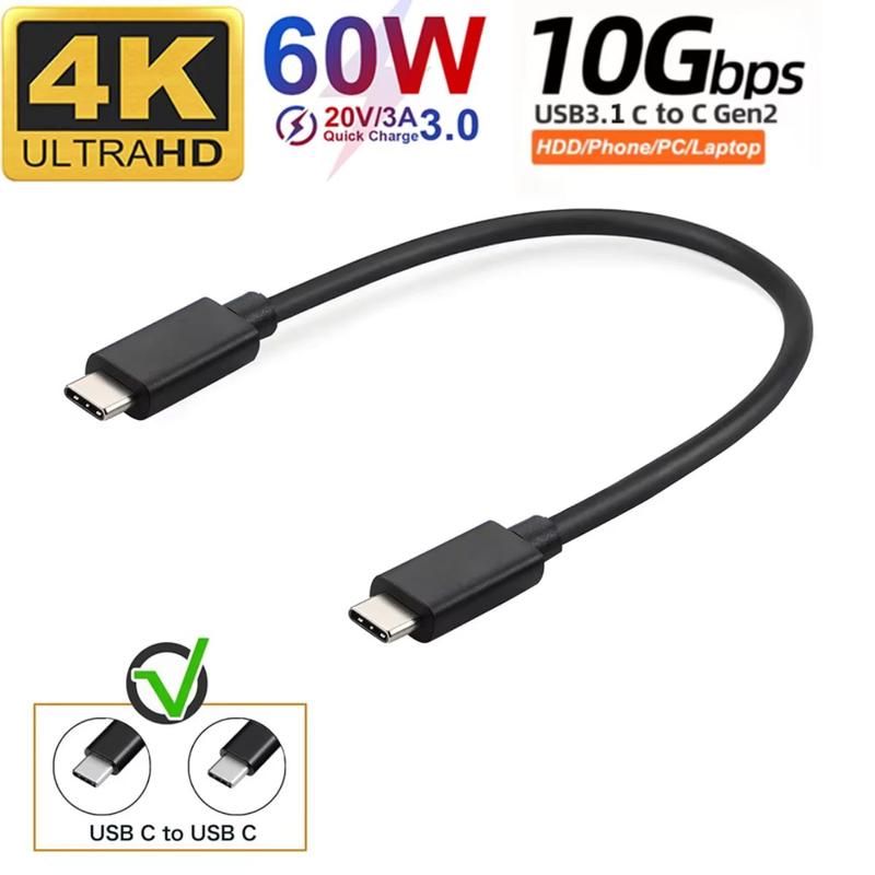 Short USB C to USB C Cable 60W Fast Charging Cable with Media Display 10Gbps USB 3.1 Gen 2 USB-C to USB-C Cable Power Data Video