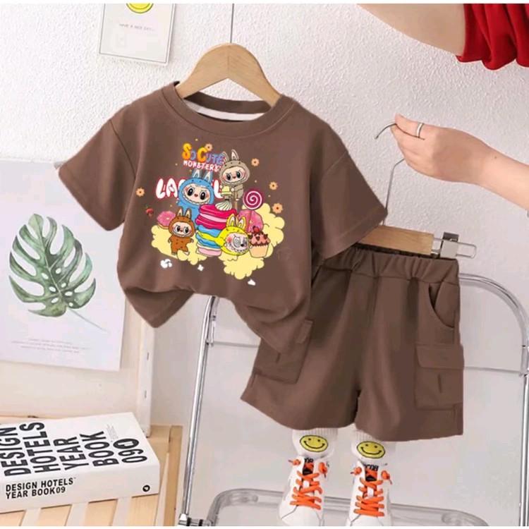 Setelan Baju Anak Laki-laki dan Perempuan Motif Labubu Usia 1-5 Tahun - Bahan Kaos Katun Adem dan Nyaman - Celana 6