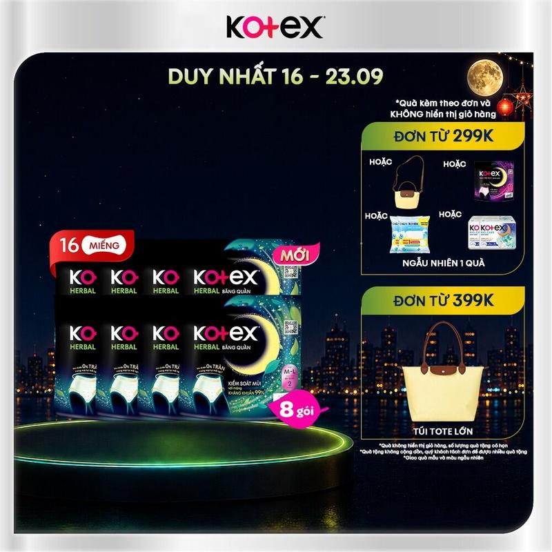 8 gói băng vệ sinh quần Kotex Herbal cỡ M/L, chống tràn, thấm hút tốt, thoáng…
