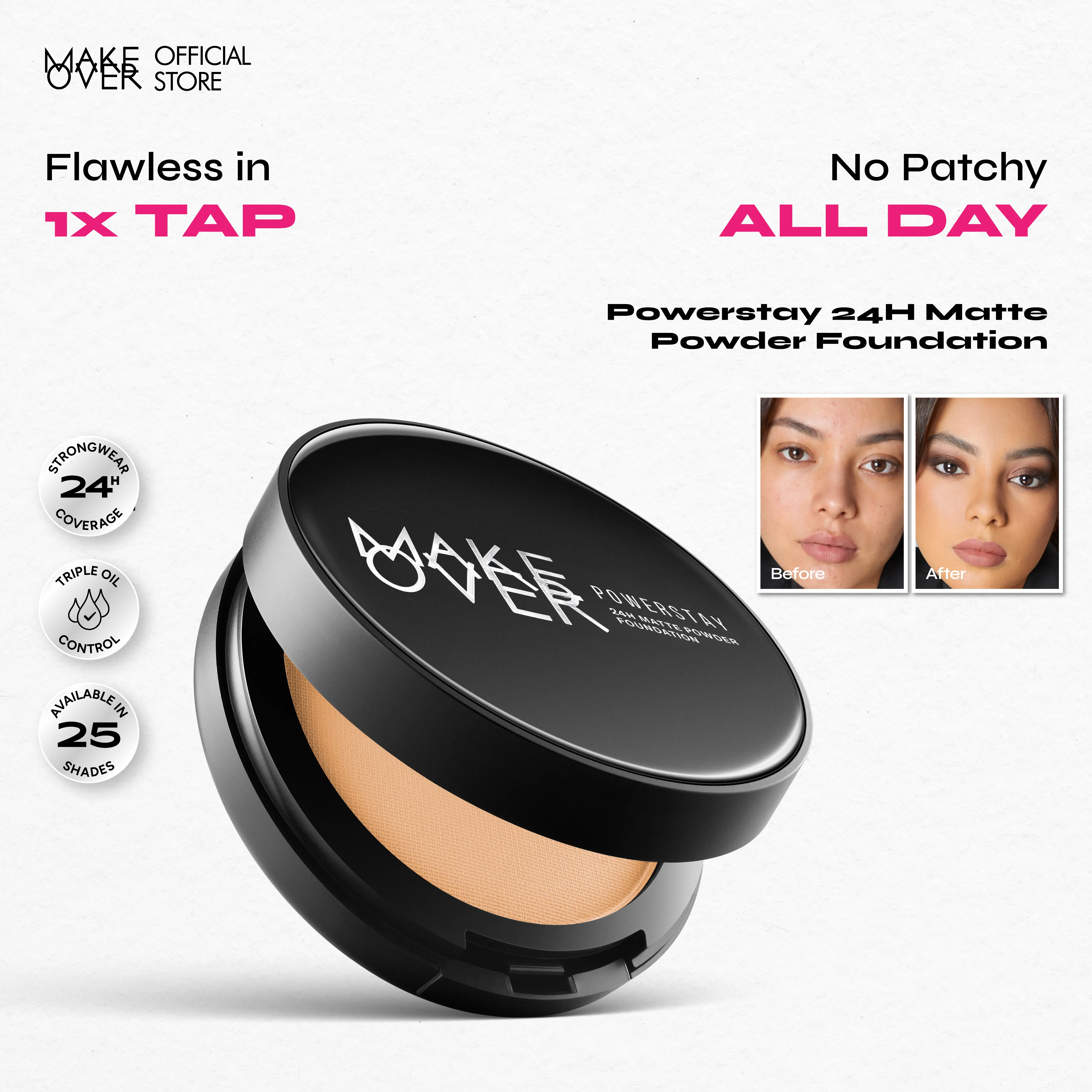 MAKE OVER Powerstay 24H Matte Powder Foundation - Daily Makeup Flawless Finish Blur Effect Quick Touch Up Bedak Padat High Coverage Ringan Compact Flawless Make Up Tahan Lama 24 Jam Non-Comedogenic BEST SELLER Poreless