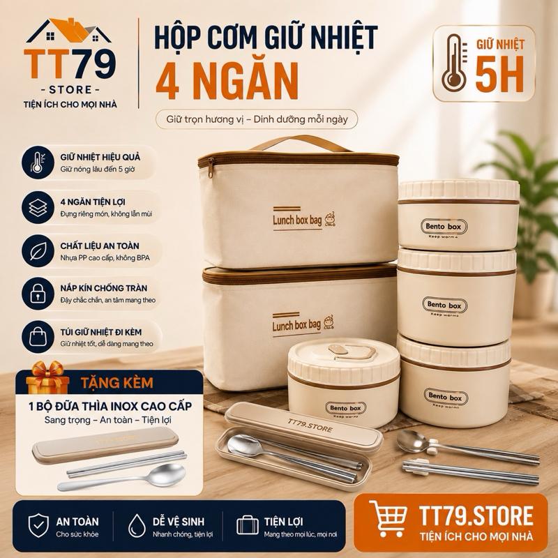 Hộp đựng cơm giữ nhiệt văn phòng lúa mạch 4 tầng Inox 304 chống gỉ cao cấp tặng kèm túi đựng