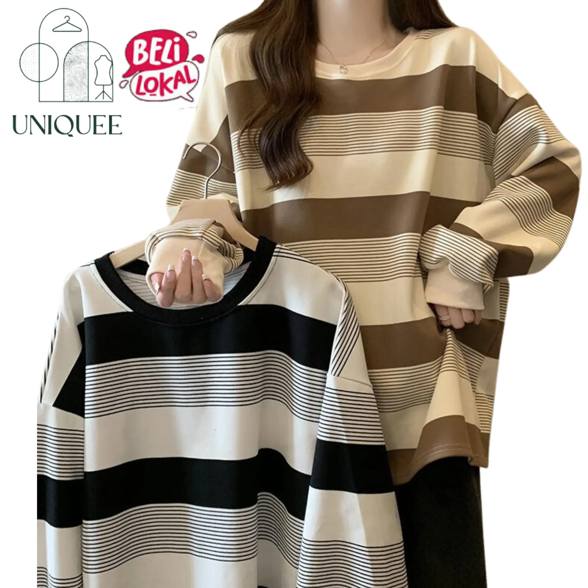 Uniqueestore BJ1598 Atasan Lengan Panjang Sweater Motif Salur Kaos Wanita Oversize Fashion Korea Kasual Baju dalam Top Cewek  Casual  Dewasa Hitam Katun