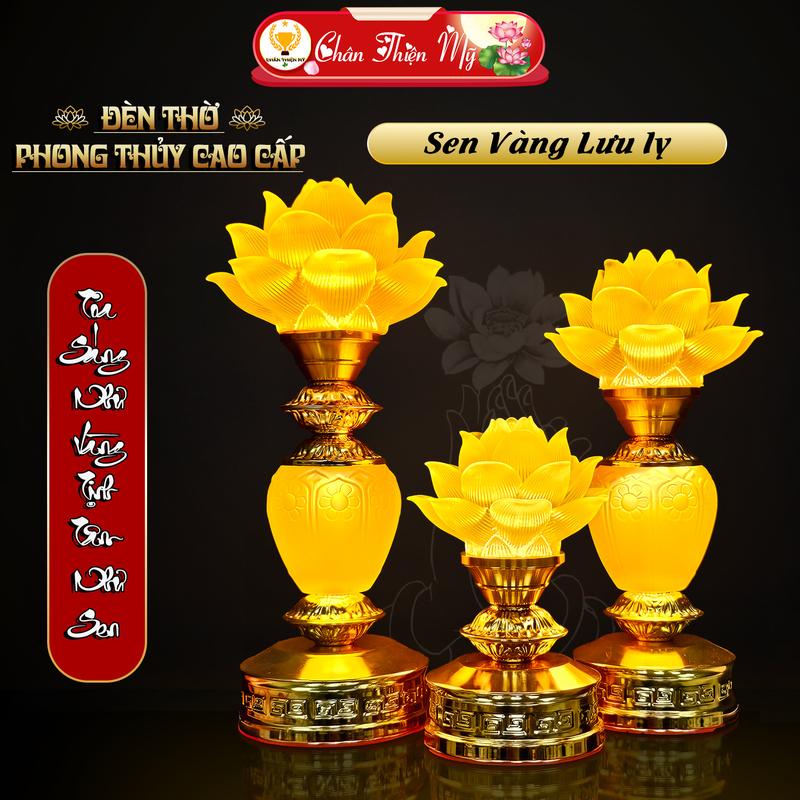 Đèn Thờ Bình Sen Vàng Lưu Ly Cao Cấp CHÂN THIỆN MỸ Vật Phẩm Tâm Linh Phong Thủy Trang Trí Bàn Thờ