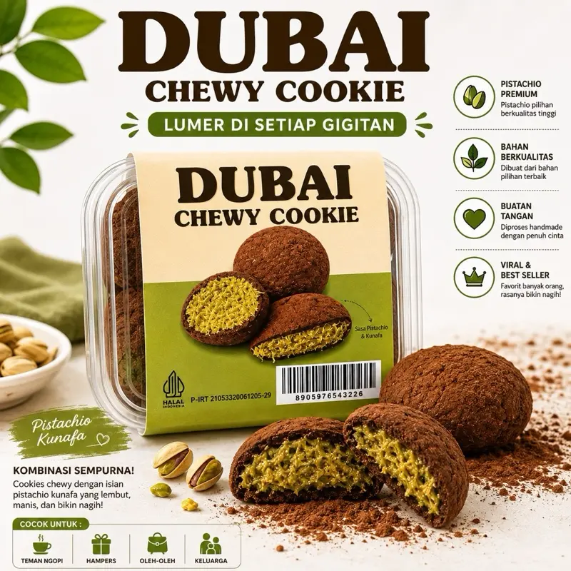 Dubai Chewy Cookie - cokelat viral dengan Isi Pistachio Premium yang Lembut Manis dan Bikin Nagih