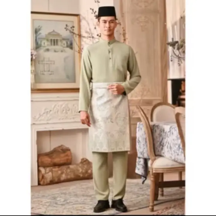 Abbdullah teluk belanga,cekak musang baju melayu pria,baju Malaysia pria,baju couple Koko Muslim Dewasa Panjang Lebaran Kurta Mewah Kancing Cowok Keren Formal Seragam Keluarga,baju couple Lebaran ibu ayah 6