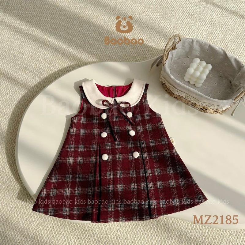 BAOBAO-ODER VÁY DẠ KẺ ĐỎ ĐÔ CỔ SEN HOẠ TIẾT NƠ CÚC BỌC CAO CẤP CHO BÉ GÁI KHÔNG KÈM ÁO - MZ2185.3