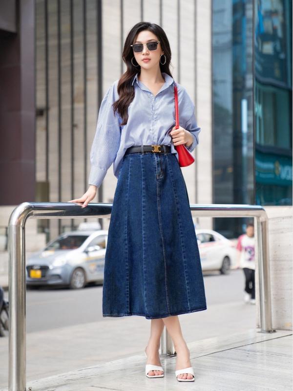 Chân váy jean nữ C014 dáng xòe cạp liền BIGSIZE , lưng cao tôn dáng, thời trang công sở 1