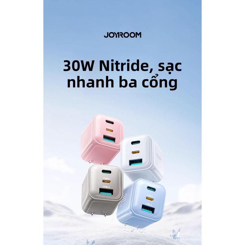 Củ sạc nhanh GaN JOYROOM 30W 3 cổng Type-C+USB-A, chân cắm gấp gọn siêu nhỏ, sạc cùng lúc 3 máy, hỗ trợ PD QC PPS, sạc hai chiều, bảo vệ đa lớp