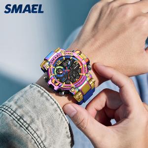 SMAEL 新しいカラーのアロイ製メンズウォッチ アウトドアスポーツ用 クールでスタイリッシュな多機能デュアルディスプレイ防水電子腕時計