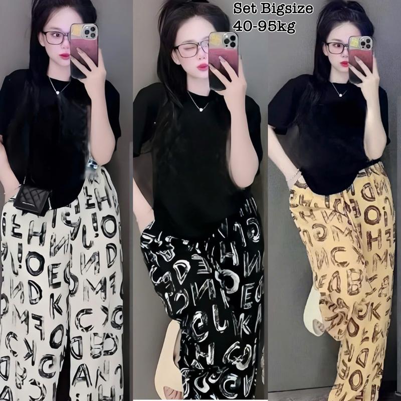 [Ưu Đãi Độc Quyền TTS] - Set Bộ Dài Bigsize Nữ Áo Thun Cổ Tròn Nút Quần Dài Vải Lụa Mịn Mát Dễ Thương Cao Cấp Xinh Đẹp Sang Trọng  50-95kg Áo Top Cotton Màu Nâu Sen Màu Đen Set Đồ Nữ đẹp Set Áo  Bộ Suit Nữ Sang Chảnh Bigsize Women Trắng Kem - 2426a