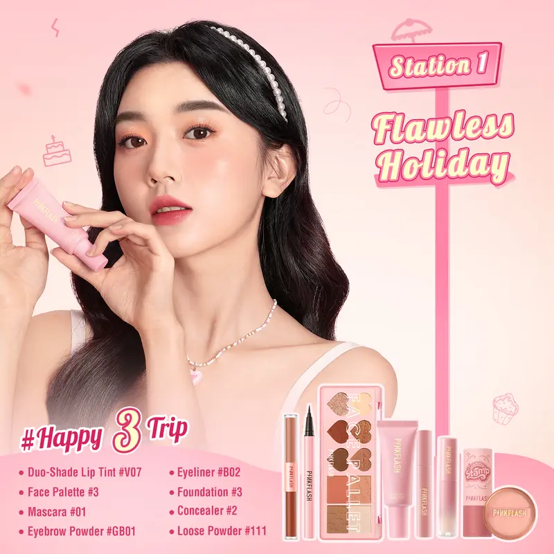 [Official]PINKFLASH #Happy3Journey 3rd Anniversary Makeup Sets 8PCS Beauty set makeup kit face makeup Eyeshadow Eyeliner Mascara Concealer Blush Eyebrow Liquid Loose Palette Foundation Lasting Cover Kosmetik 5