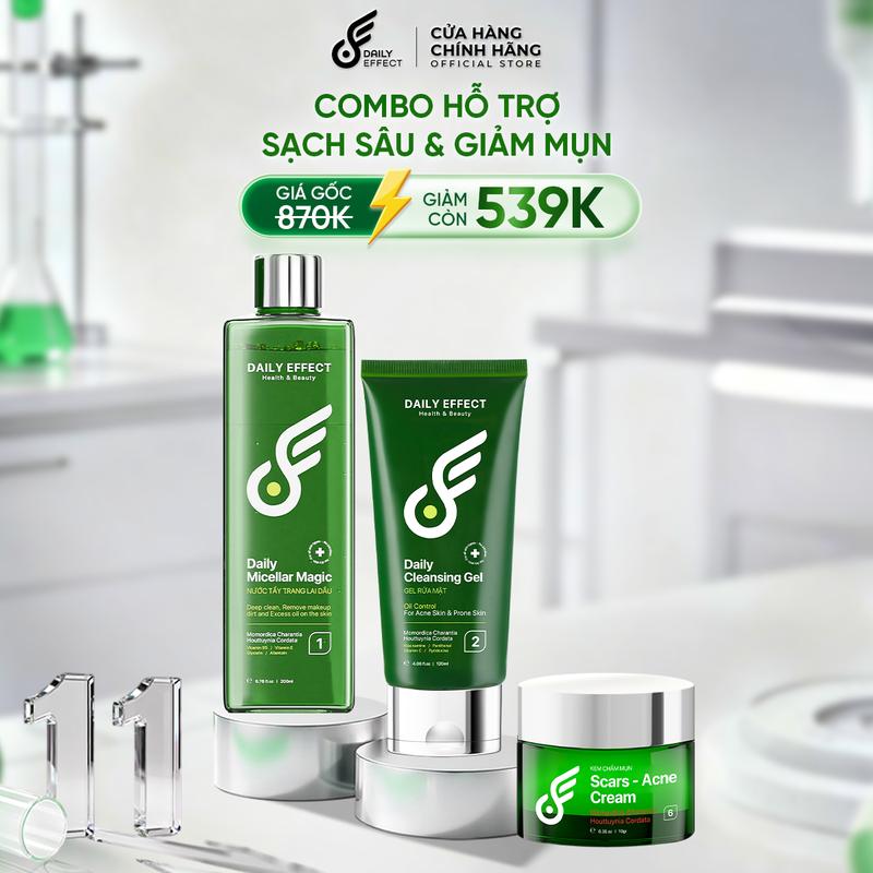   Combo Nước Tẩy Trang + Sữa Rửa Mặt + Kem Chấm Mụn  - DAILY EFFECT  200ml + 120ml + 10g  