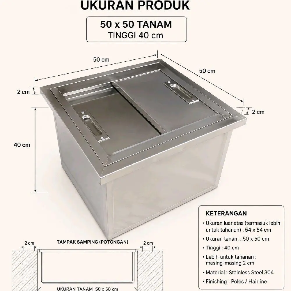 Ice bin tanam ukuran 50x50 box pendingin tanpa listrik