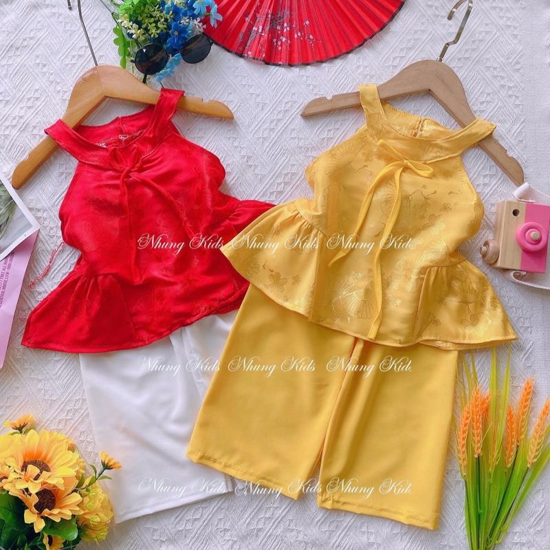 (10-17kg) Đồ bộ bé gái áo gấm cổ yếm có nơ,quần dài lụa cho bé dưới 4 tuôit