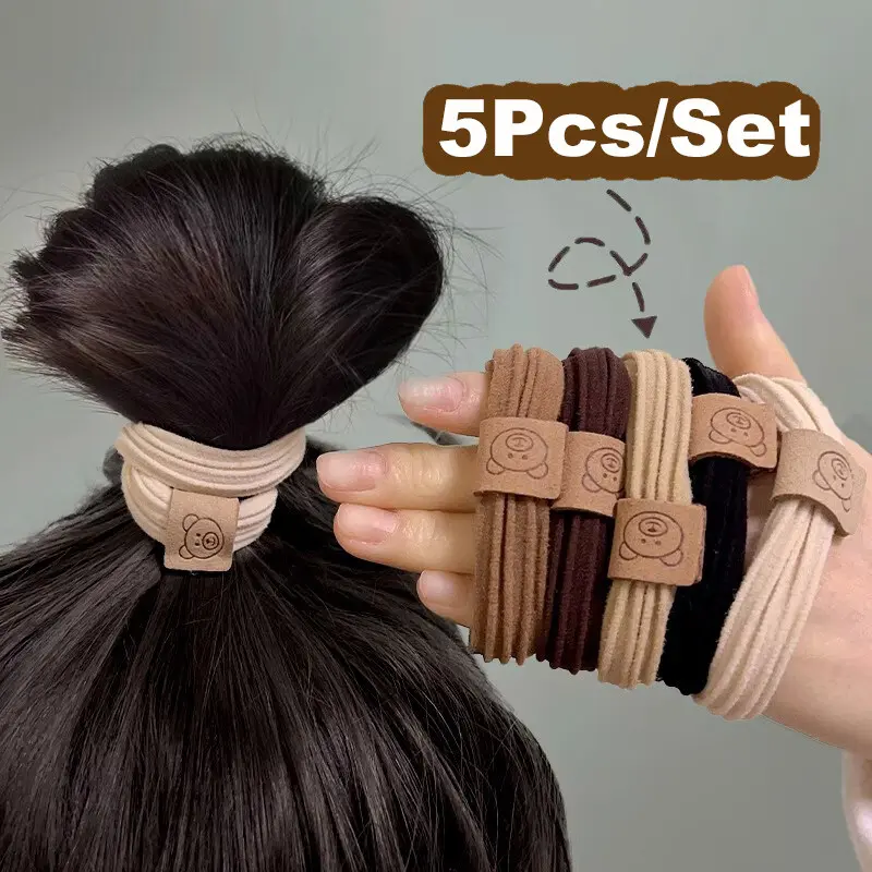 5 pcs Cute Bear Head Rope Girl Fabric Hair Ring Fashion Solid Color Scrunchie Headwear New Hair Accessories for Women