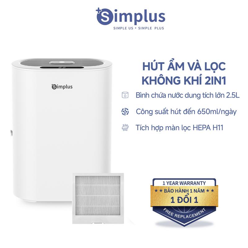 SimplusVN Máy hút ẩm kèm lọc không khí CUSH009WH01, Công suất hút 650ml/ngày, Bộ lọc HEPA H11, Phù hợp với phòng 10-20m², Độ ồn thấp chỉ 39dB, Bình nước lớn 2.5L, Tích hợp khuếch tán tinh dầu, Tiết kiệm điện
