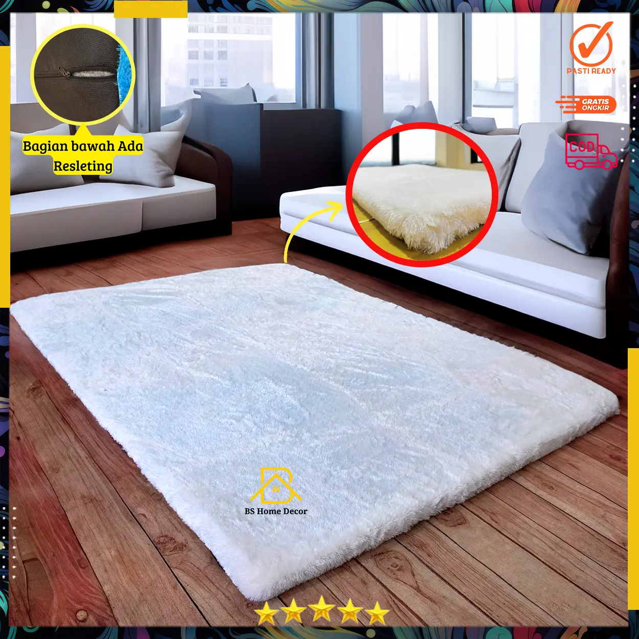 Karpet  kain bulu_ rasfur Tebal_5cm_Ukuran_160x100cm viral. busa  putih alas hitam