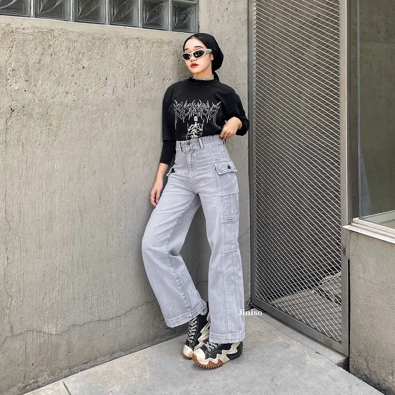 JINISO HANDS UP - 415 Cargo Baggy Highwaist Celana Jeans Wanita 2
