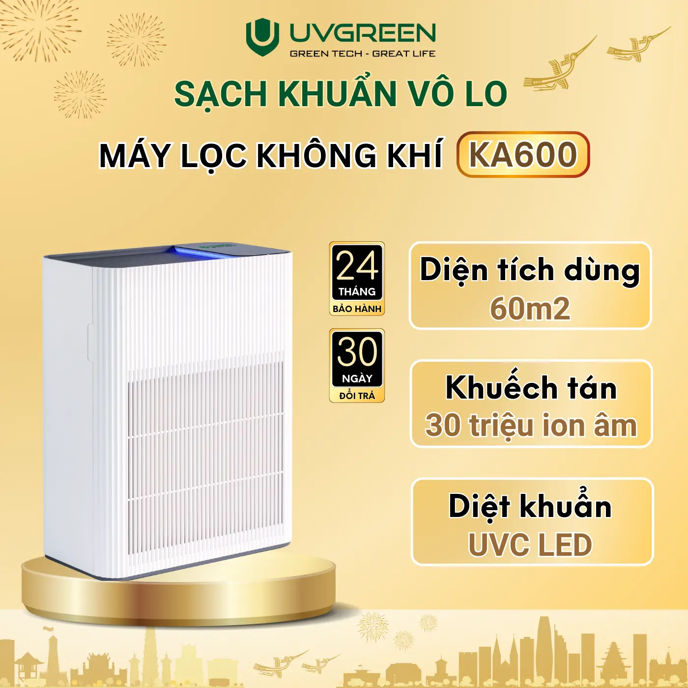 Máy Lọc Không Khí Diệt Khuẩn UVGREEN KA600 60m2 - Công Nghệ UVC LED Và Ion Âm Hiện Đại, Làm Sạch Không Khí Phòng Ngủ, Bộ Lọc HEPA H13 Air Purifier Chống Vi Khuẩn, Lọc Sạch Bụi Mịn, Lông Tóc, Mùi Thú Cưng